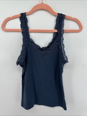 SO Y2K Fairycore Balletcore Grunge Clean GirlNavy Lace-Trim Ribbed Cami Tank SzM